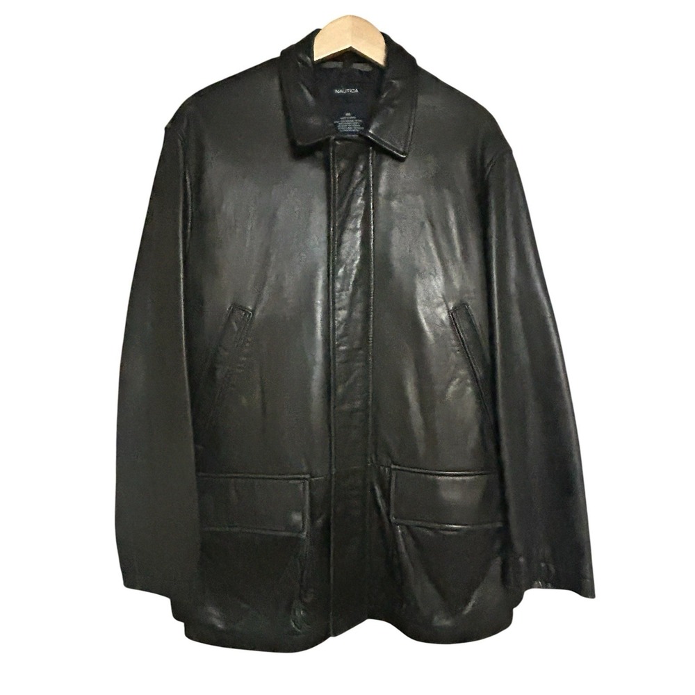 Vintage 90s Nautica Mens Black Genuine Leather Jacket Coat Size 40 Quilted Lined